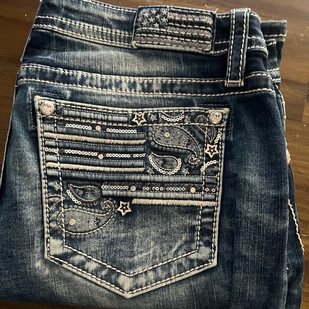 Miss Me Dark Blue Boot Cut Jeans with Silver Embellishments